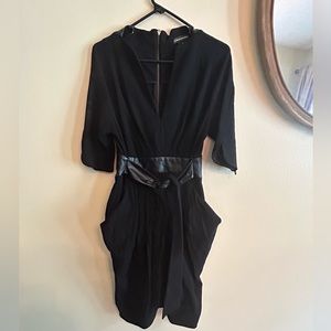CATHERINE MALANDRINO Black Leather/Polyester Cocktail Dress